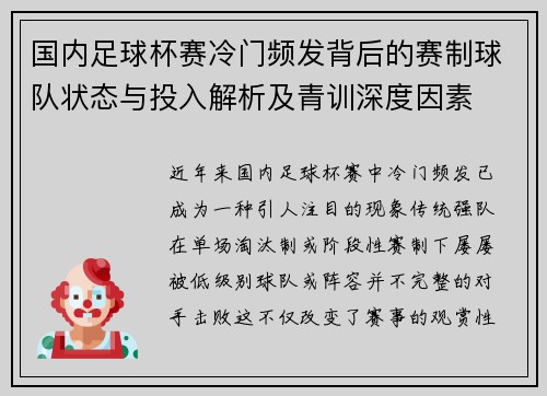 国内足球杯赛冷门频发背后的赛制球队状态与投入解析及青训深度因素